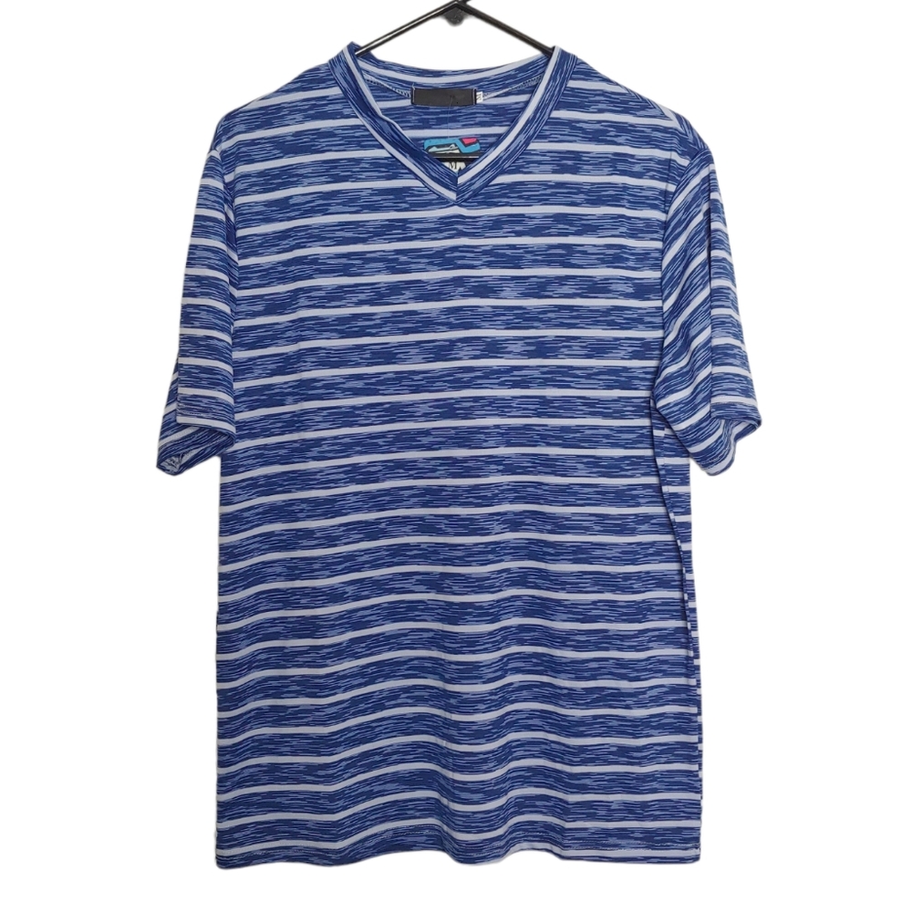 WhatLees Men's Short Sleeve V Neck Blue White Striped Tee Size Medium New W/ Tag